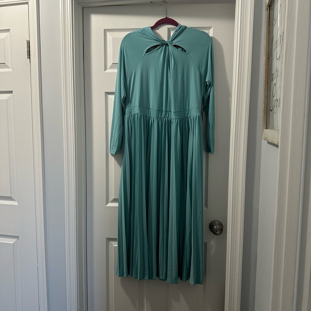 Eloquii Draped Bodice Long Sleeve Dress with Pleated Skirt